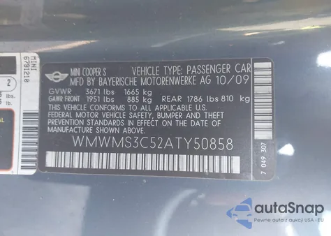 2010 Mini Cooper S из США, поврежденный, VIN WMWMS3C52ATY50858